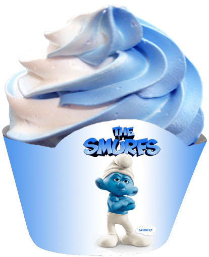 grouchy smurf cupcake wrapper blue and white